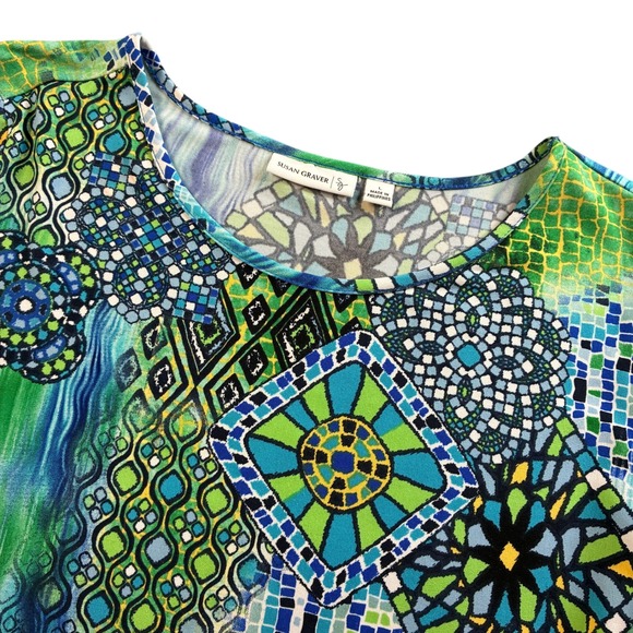 Susan Graver Women Large Green Blue Mosaic Geometric Tunic Top Split Sleeve Ring - Picture 2 of 16